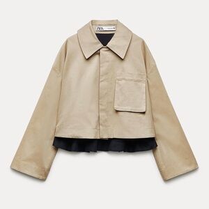 ZARA ZW Collection Beige Contrasting Cropped Wood Blend Trench Coat